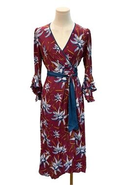 Diane Von Furstenberg Rollins Ruffled Wrap Dress in Harlow Medium Wine Size 2